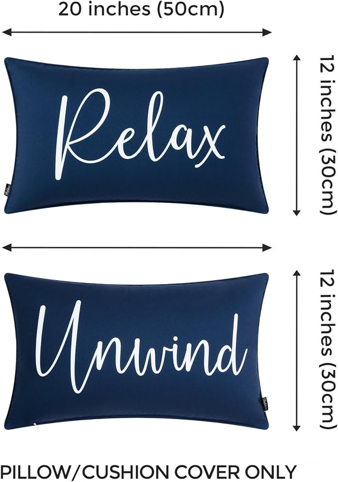 Hofdeco Porch Patio Indoor Outdoor Lumbar Pillow Cover ONLY for Backyard, Couch, Sofa, Navy Blue Relax Unwind, 12x20, Set 03-0411-D 0