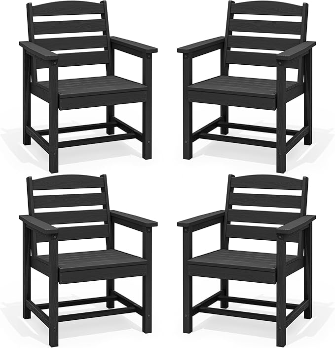 SERWALL Outdoor Dining Chairs Set of 4, All-Weather HDPE Patio Chair with 19.7" Widened Seat, for Backyard, Garden, Black