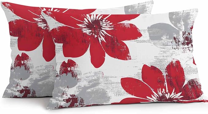 Vandarllin Outdoor Throw Pillows Covers 20x12 inch Set of 2 Waterproof Red Sunflower Decorative Zippered Cushion Covers for Patio Furniture, Flower Field Lumbar Pillowcases