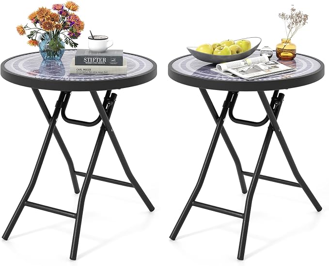 Giantex Set of 2 Folding Outdoor Side Table, 18” Round End Table with Tempered Glass Tabletop & Metal Frame, Portable Sofa Side Table, Patio Coffee Table for Yard Porch Poolside Living Room, Grey