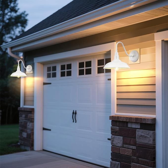 10 Inch Dome Outdoor Gooseneck Barn Light Fixture White Exterior Barn Wall Lantern, Farmhouse Porch Outside Wall Mount Lighting, Waterproof Outdoor Coach Wall Sconce for Garage, Patio