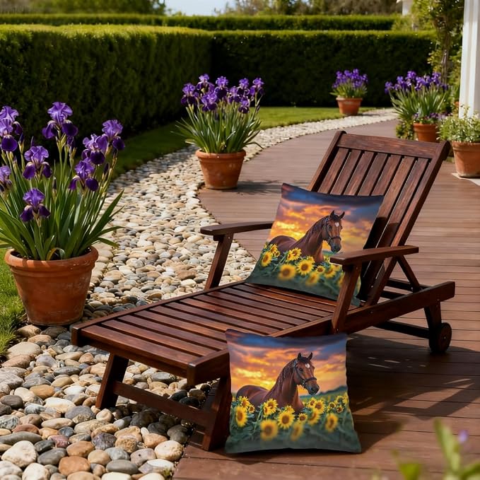 16x16 Inch Outdoor Pillow Covers Set of 2 Waterproof Throw Pillow Covers Decorative Couch Cushion Covers Brown Horse Sunflower Square Pillowcases Protectors for Patio Garden Sofa