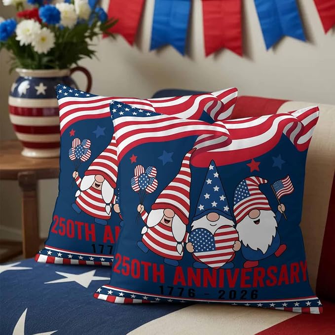 250th Anniversary Outdoor Pillow Covers 18"x18" Set of 2, Patriotic Gnome USA Flag Independence Day Waterproof Throw Pillow Covers for Patio Furniture, Decorative Cushion Covers for Porch