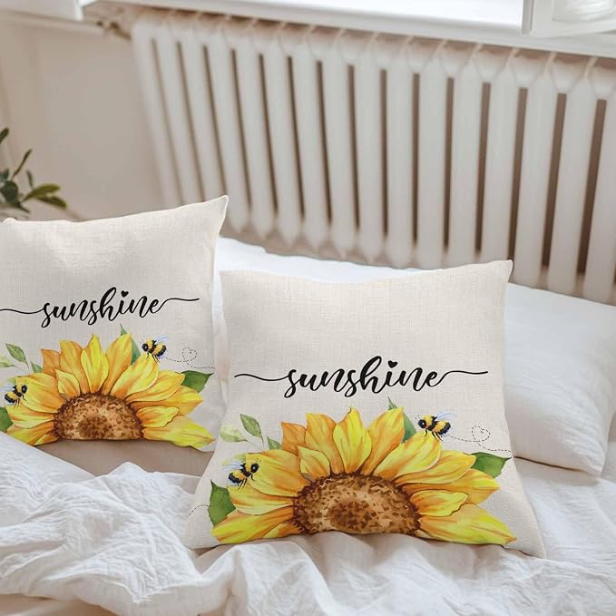 Vintage Yellow Sunflower Bee Outdoor Throw Pillow Covers Set of 2,Decorative Waterproof Pillowcase, Rustic Botanical on Linen Cushion Case for Patio Garden Couch Sofa Tent Bed 20x20 Inches