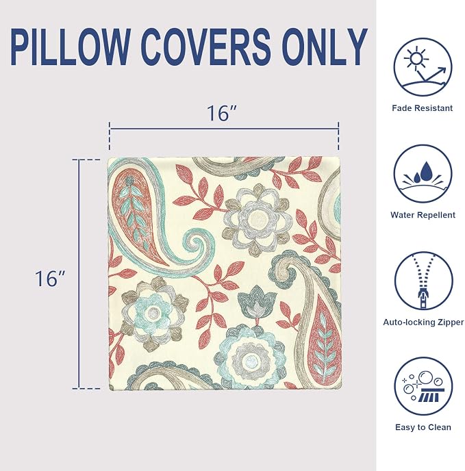 Outdoor 16x16 Inch Throw Pillow Covers Set of 2, Covers ONLY, All Weather Square Pillow Cases, Patio Cushion Pillow of Home Furniture Use, Paisley Vintage