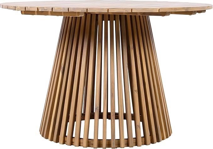 Christopher Knight Home Briar Farmhouse Acacia Wood Round Dining Table, Patio Dining Room Table with Unique Wooden Base for Backyard/Garden, Slatted Design Outdoor Dining Table, Light Teak