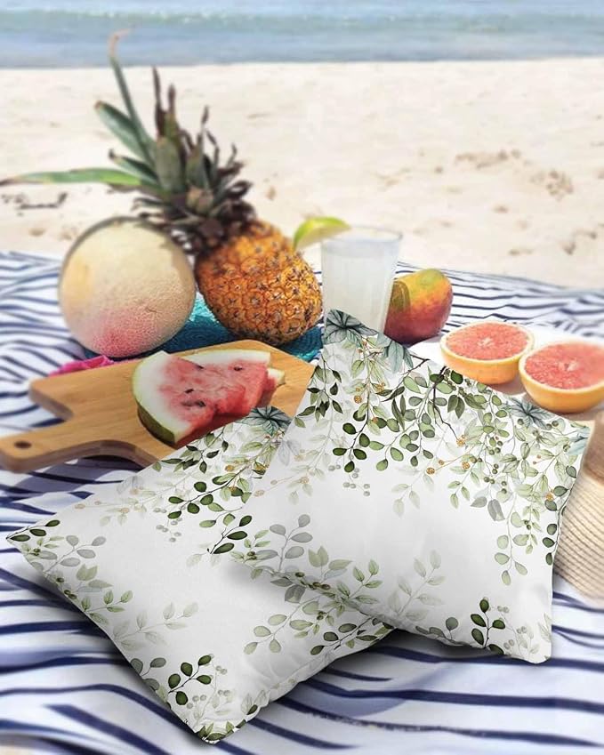 Outdoor Pillows 18x18 Waterproof Outdoor Pillow Covers Elegant Spring Leaf Plant Polyester Throw Pillow Covers Garden Cushion Decorative Case for Patio Couch Decoration Set of 2 Green Gold