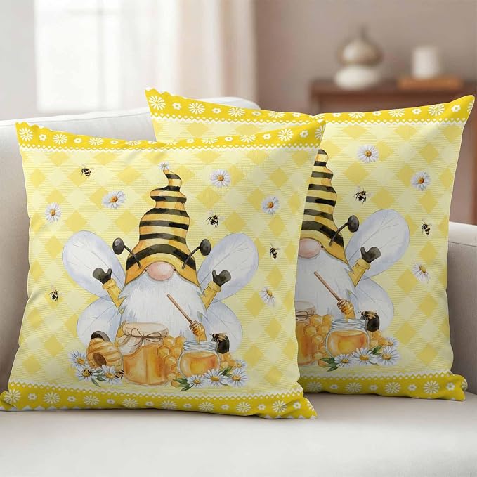 Yukro Honey Gnome Outdoor Waterproof Pillow Covers Pack of 2, Watercolor Honey Bees Floral Yellow Plaid Decorative Throw Pillowcases Cushion Covers for Garden Patio Tent Sofa Couch, 26x26 inch