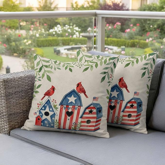 American Flag Bird House Outdoor Pillow Covers Waterproof, All Weather Cushion Case Set of 2, Green Eucalyptus Beige 250th Decorative Pillowcases for Sofa Couch Bed Decor Patio Furniture 20"x20"