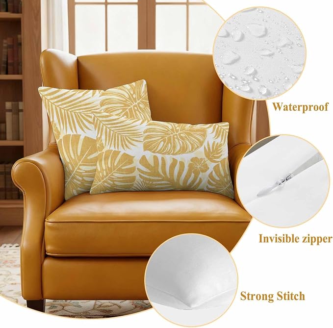 Yellow Palm Leaves Outdoor Pillow Covers 16"x16" Set of 2, Tropical Botanical Minimalist Modern Waterproof Throw Pillow Covers for Patio Furniture, Decorative Cushion Covers for Porch