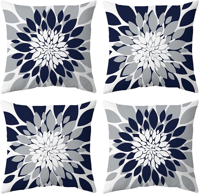 Pack of 4 Outdoor Waterproof Pillow Covers 16x16 Decorative Outdoor Throw Pillows Garden Square Cushion Cases for Patio Furniture, Couch, Tent Sunbrella, Bench, Navy Blue Grey