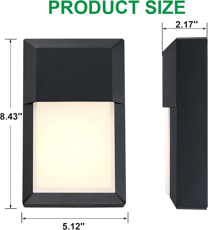 Outdoor Porch Light, LED Wall Sconce, Rustproof Aluminum | Modern Exterior Wall Light Fixture for House, Patio, Garage, 12W 1000 Lumen, Waterproof, 3000K, Black, 2 Pack