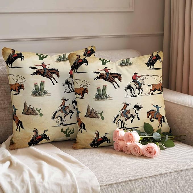 Western Cowboys Outdoor Pillow Covers Waterproof, All Weather Cushion Case Set of 2, Brown Vintage Country Cactus Decorative Pillowcases for Sofa Couch Bed Decor Patio Furniture 20"x20"