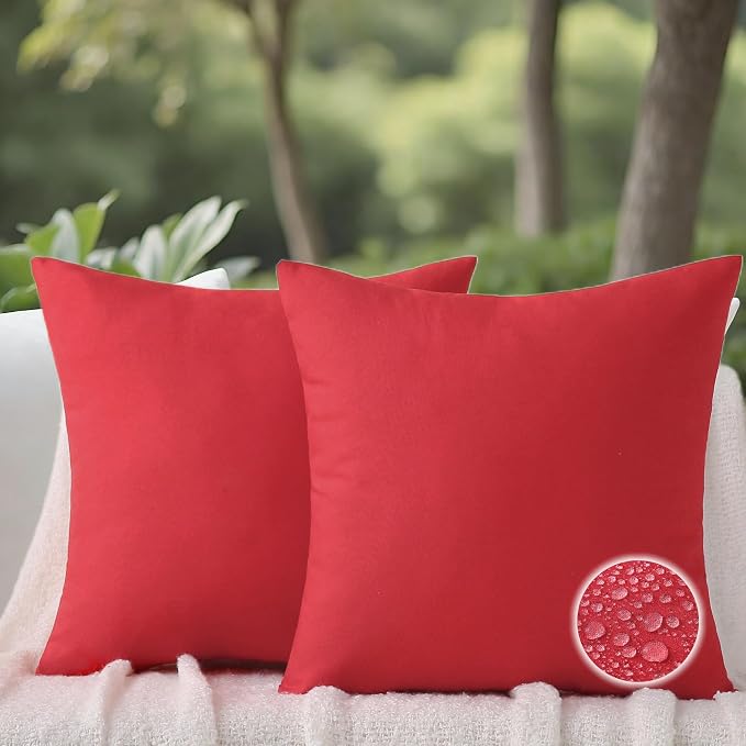 16 x 16 Inch Throw Pillow for Outdoor Seating, Waterproof Lumbar Pillows with Insert, Square Decorative Garden Cushion for Couch Patio Sofa Home Furniture (Red, 16" x 16" (Pack of 2))