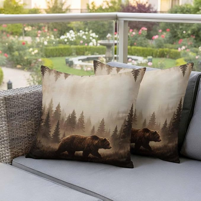 Yukro Nature Landscape Outdoor Waterproof Pillow Covers Pack of 2, Rustic Brown Bear Misty Forest Pine Tree Throw Pillowcases Decorative Cushion Covers for Garden Patio Tent Sofa Couch, 16x16 inch
