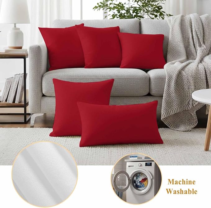 Red Outdoor Pillow Covers 20"x12" Set of 2, Solid Color Waterproof Throw Pillow Covers for Patio Furniture, Decorative Cushion Covers for Porch