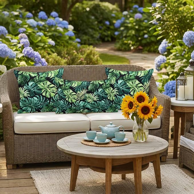 Palm Leaf Waterproof Outdoor Pillow Covers Set of 2 Home Decor, Green Tropical Plant Summer Nature Scenery Pillowcase Patio Pillow Covers for Couch Bench Furniture Garden 20x12in