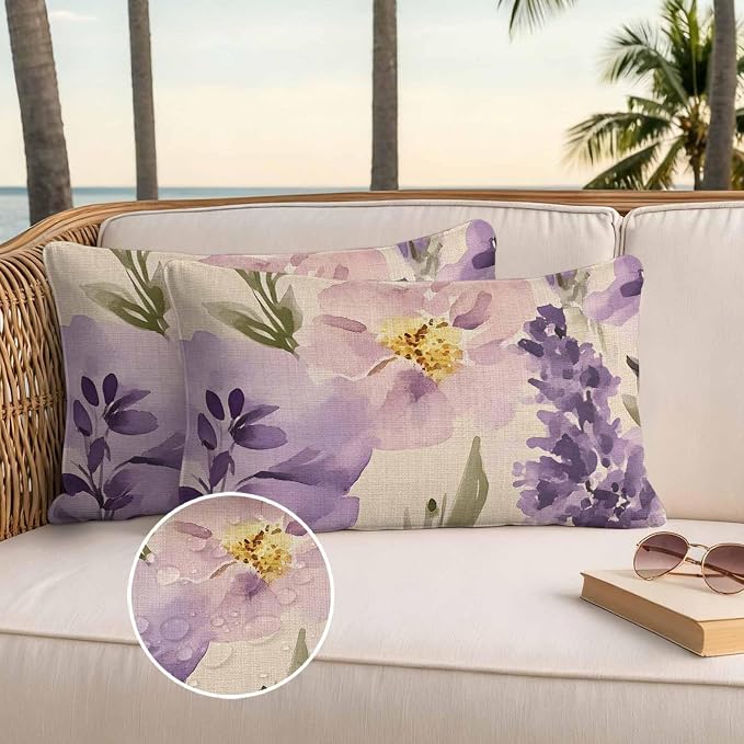 Spring Flowers Outdoor Waterproof Throw Pillow Covers Set of 2, 20"x12", Lavender Leaf Purple Floral Vintage Decorative Pillow Covers Outside Cushion Case for Patio Porch Garden