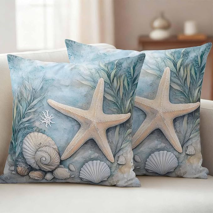 Ocean Coral Outdoor Waterproof Throw Pillow Covers Set of 2, 18"x18", Shell Starfish Plant Leaf Coastal Rustic Decorative Pillow Covers Outside Cushion Case for Patio Porch Garden