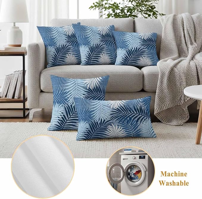 Outdoor Waterproof Throw Pillow Covers, Navy Blue Palm Leaves Decorative Pillow Cases, Summer Botanical Tropical Leaf Couch Pillow Protector Patio Sofa Cushion Covers Replacement 24"x24" 2 Pack