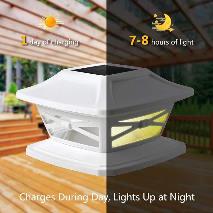 Davinci Flexfit Solar Outdoor Post Cap Lights, 4x4 5x5 6x6, Bright LED, 2PK | Pearl White, Wooden Posts, fence/deck/garden/patio, UV fade-protected plastic, auto-on, 7-8h, cordless, IP44, 25lm warm white