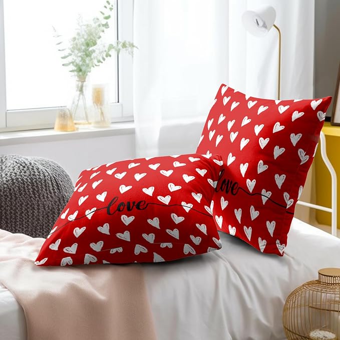 Valentine's Day Pillow Covers 22x22 Inch, Set of 2 Romantic Love Hearts Red Decorative Throw Pillowcases Square Cushion Cover for Anniversary Bridal Wedding Couch Sofa Home Decor