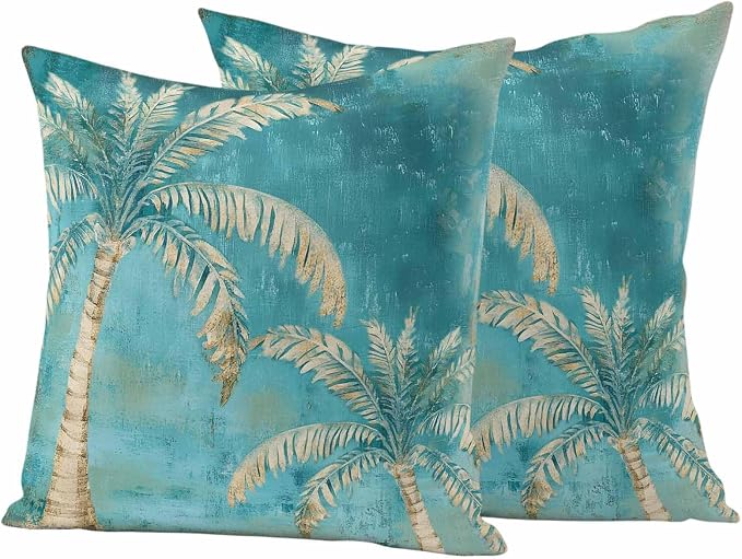 Coastal Beach Palm Tree Outdoor Waterproof Pillow Covers, Retro Teal Decorative Square Throw Pillowcase, Tropical Plant Summer Sofa Cushion Sham for Patio/Couch/Chair, 24"x24" 2 Pack