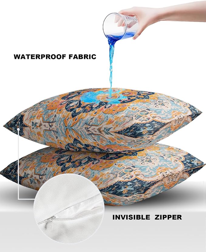 Outdoor Waterproof Pillow Covers Set of 2, Meddle Century Vintage Blue Carpet Mural Pattern Patio Throw Pillow Covers, Decorative Cushion Case for Couch Sofa Furniture Garden, 16x16 Inch