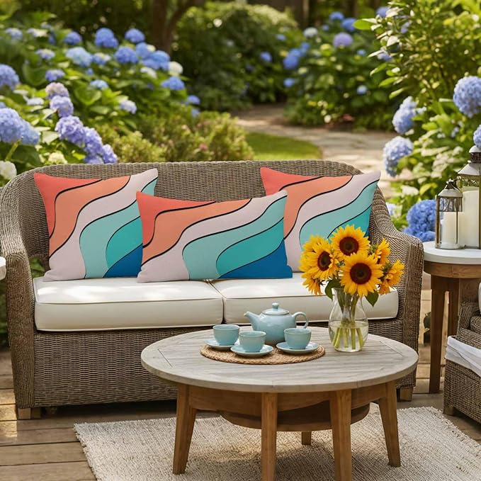 Orange Teal Ombre Outdoor Pillow Covers 24x24 Inch Throw Pillow Covers Set of 2 Waterproof Decorative Pillow Cases Modern Moire Abstract Art Cushion Covers for Patio Furniture Garden Couch Sofa