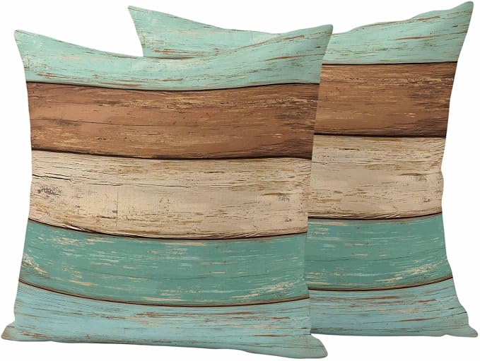 Farmhouse Teal Blue Brown Outdoor Waterproof Pillow Covers, Vintage Wooden Striped Decorative Square Throw Pillowcase Sofa Cushion Sham for Patio/Couch/Chair, 20"x20" 2 Pack