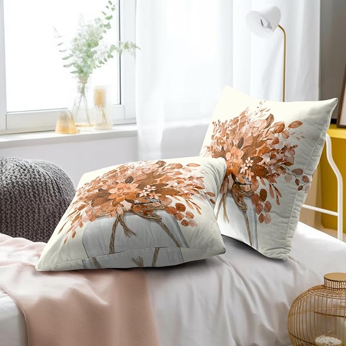 Fall Eucalyptus Throw Pillow Cover 18x18 Inch Set of 2, Autumn Leaves Branches Plants Farmhouse Decorative Cushion Pillowcase for Sofa Couch Livingroom Festival Thanksgiving Decor