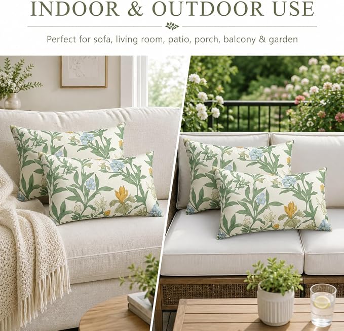 Pack of 2 Patio Lumbar Pillows 12"x20" | Fade Resistant Outdoor Waterproof Lumbar Pillow with Inners Decorative Garden Lumbar Cushions for Home Patio Terrace Sofa
