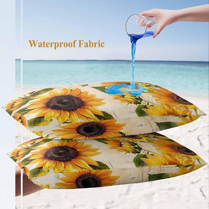 Lumbar Pillow Covers 20x12 Inch Set of 2, Yellow Sunflowers Waterproof Outdoor Cushion Covers, Country Vintage Botanical Floral Decorative Pillowcases for Couch, Sofa, Bed, Garden, Patio