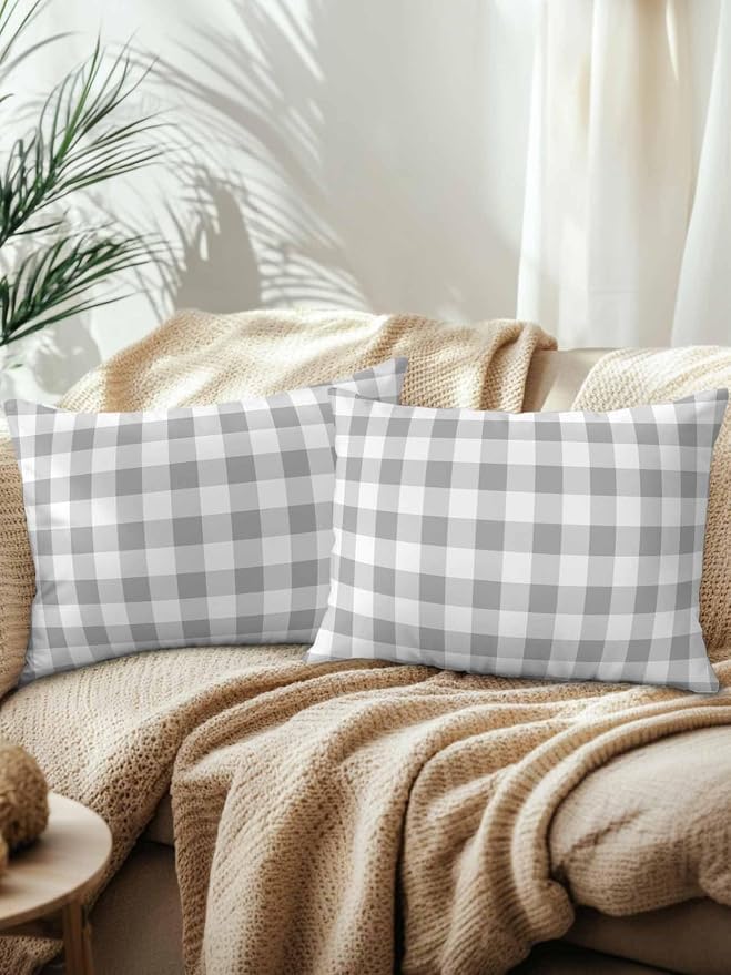 Waterproof Outdoor Pillow Set of 2 Grey Buffalo Plaid Decorative Throw Pillows Cover & Insert 20x12 Inch Lumbar Pillowcase Check Lines Pillows for Couch Sofa Bed Patio Furniture Indoor Outdoor