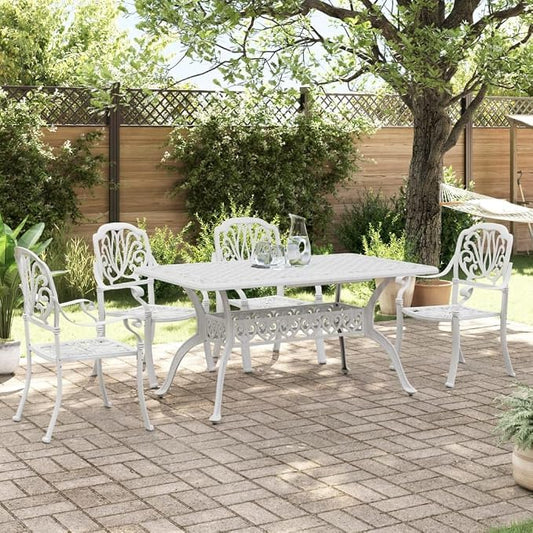 5 Piece Patio Dining Set White Cast Aluminum Outdoor Garden Table with Umbrella Hole 4 Chairs Backyard Furniture for Porch Lawn Relaxing Dining Durable Weather Resistant Comfortable Seating