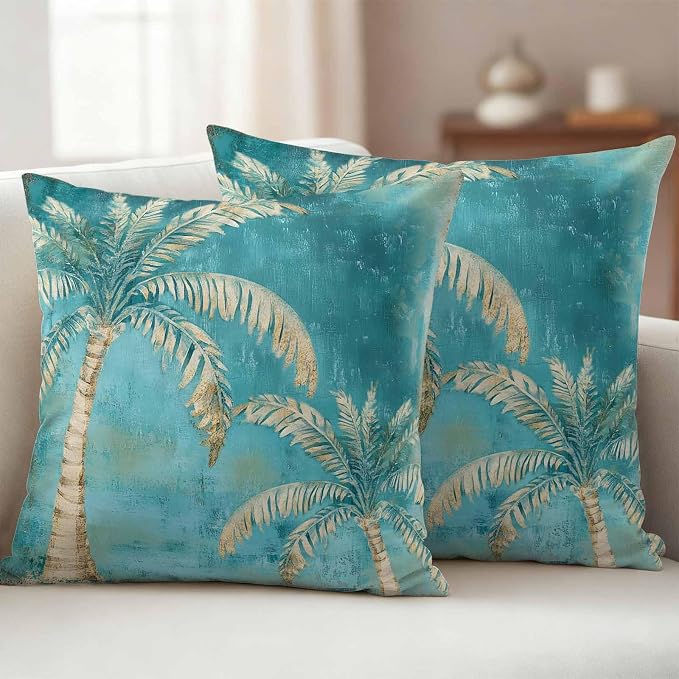 Coastal Beach Palm Tree Outdoor Waterproof Pillow Covers, Retro Teal Decorative Square Throw Pillowcase, Tropical Plant Summer Sofa Cushion Sham for Patio/Couch/Chair, 20"x20" 2 Pack