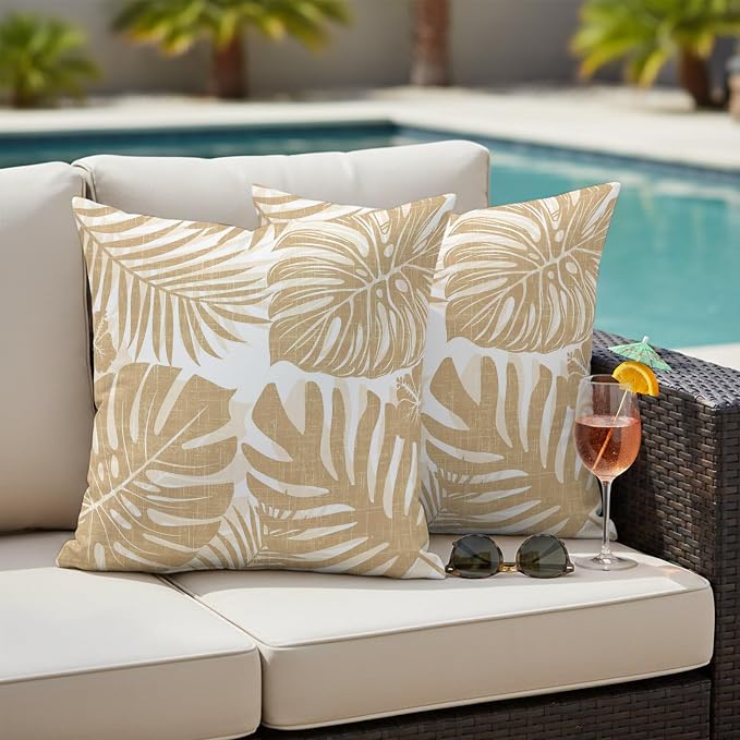 Khaki Palm Leaves Outdoor Pillow Covers 18"x18" Set of 2, Tropical Botanical Minimalist Modern Waterproof Throw Pillow Covers for Patio Furniture, Decorative Cushion Covers for Porch