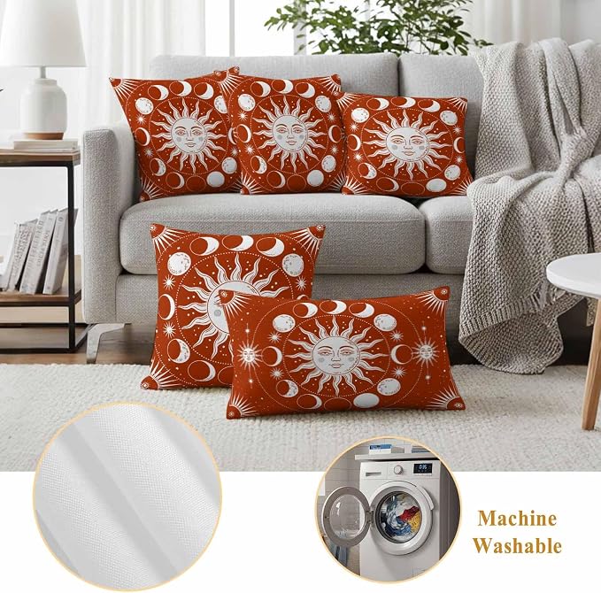 Celestial Sun and Moon Waterproof Outdoor Pillow Covers Set of 2 Home Decor, Burnt Orange Starry Galaxy Boho Pillowcase Patio Pillow Covers for Couch Bench Patio Furniture Garden 26x26in
