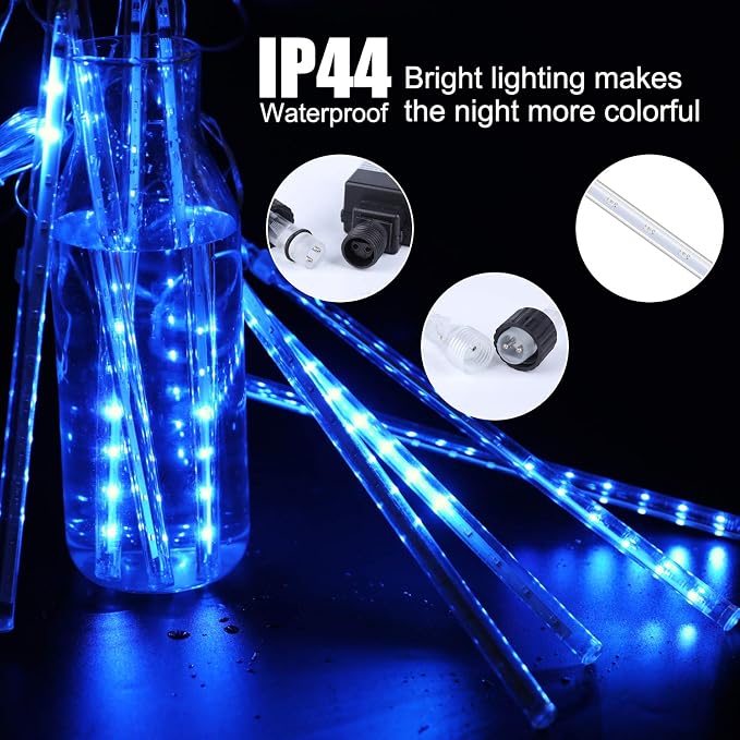 Meteor Shower Lights Outdoor, 11.8 Inch 8 Tubes 192 LED Snowfall Lights, Waterproof Meteor Christmas Light, Hanging Falling Rain Light for Tree Bushes Holiday Party Christmas Decoration, Blue