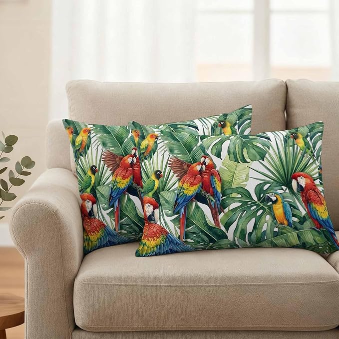 Pack of 2 Waterproof Outdoor Pillow Covers 20x12 Inch Decorative Pillow Covers Tropical Plants Throw Pillowcases Summer Rustic Monstera Palm Leaves Birds Green Outdoor Cushion Cover for Couch, Patio