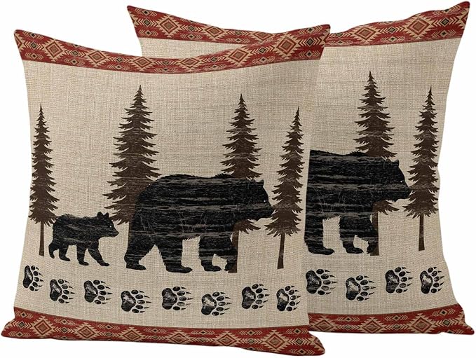 Bear Outdoor Waterproof Throw Pillow Covers 24 x 24 Inches Set of 2 Pine Forest Nature Bear Nature Vintage Boho Decorative Cushion Cover Pillowcase for Garden Patio Tent Beach Livingroom Sofa Couch