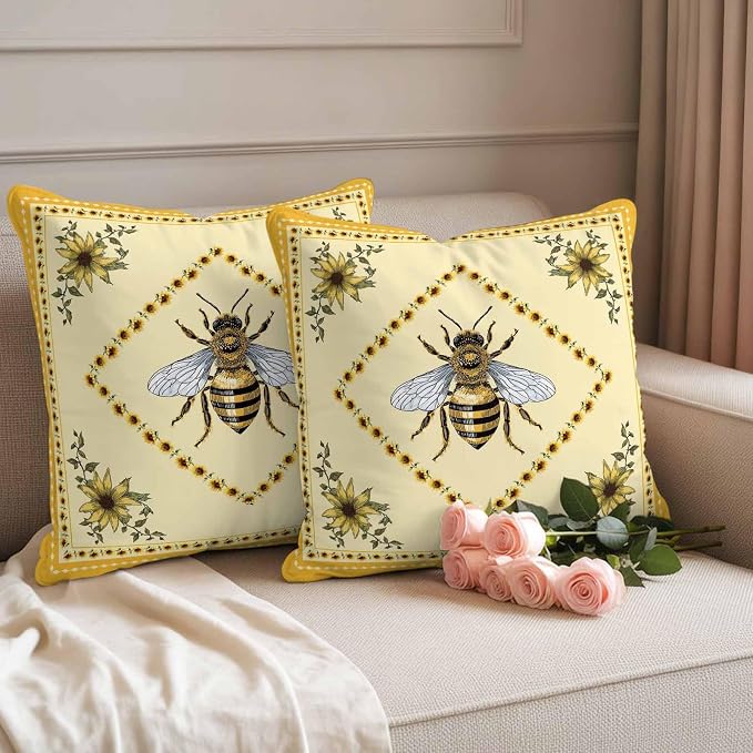 Sunflowers and Bee Outdoor Pillow Covers Set of 2, Farmhouse Retro Floral Decorative Waterproof Throw Pillow Case, Animal Honeybee Cushion Pillowcases for Couch Garden Patio 20x20In