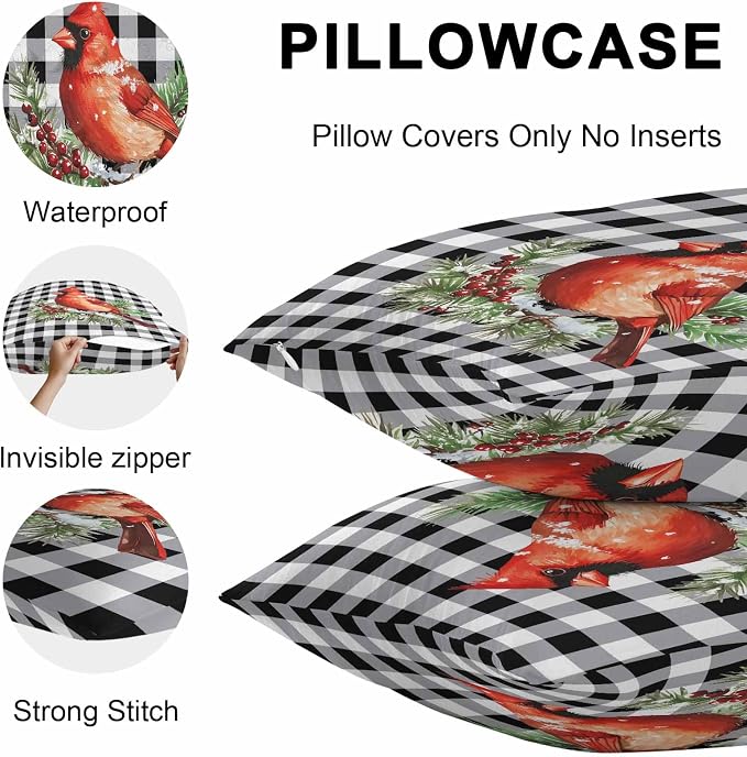Vandarllin Christmas Outdoor Throw Pillows Covers 18X18 Set of 2 Waterproof Red Cardinals Decorative Zippered Lumbar Cushion Covers for Patio Furniture, White Black Buffalo Check Plaid