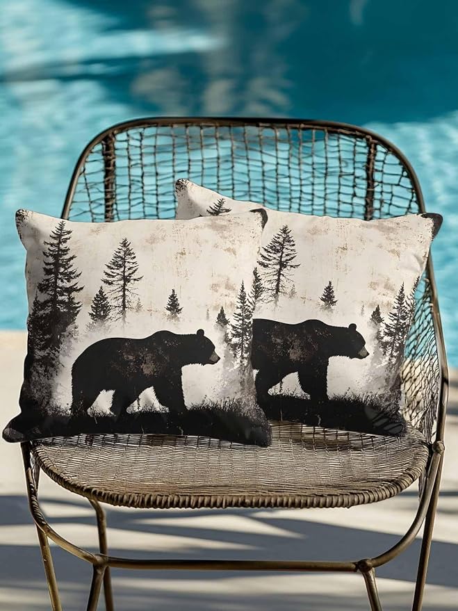 Outdoor Waterproof Throw Pillows Forest Brown Bear Silhouette Patio Pillows Pack of 2,Decorative Pillow Covers with Insert,Pillow Cushion Case for Garden Couch Sofa Minimalist Modern Art