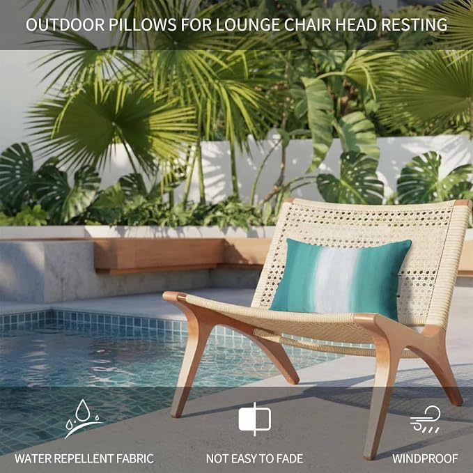 Outdoor Lumbar Pillow Set of 1, Teal Green Striped Waterproof Beach Headrest Pillow with Inserts, Turquoise Ombre Farmhouse Gradient Recliner Throw Pillows for Patio Furniture, 12 x 20