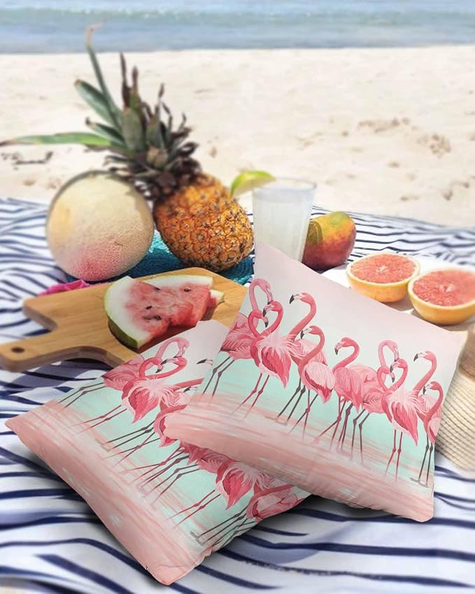 Outdoor Waterproof Throw Pillow Covers Set of 2 Pink Flamingo Pillowcases 16x16 Inches Tropical Animal Ombre Teal Patio Decorative Pillows Cushion Case Patio Pillows for Couch Bed Chair Garden