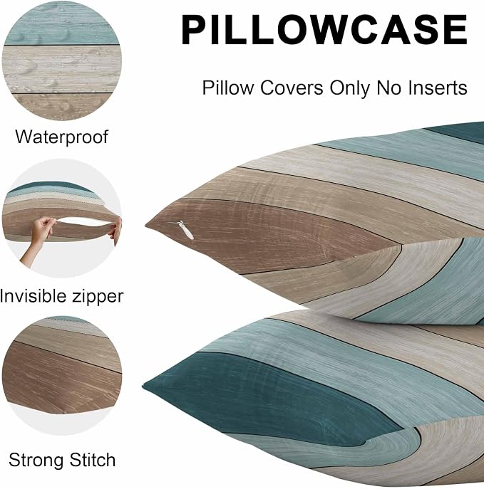 Vandarllin Outdoor Throw Pillow Covers 12X20 Set of 2 Waterproof Teal Blue Brown Decorative Zippered Cushion Covers for Patio Furniture, Farmhouse Retro Rustic Barn Wood Texture Lumbar Pillowcases