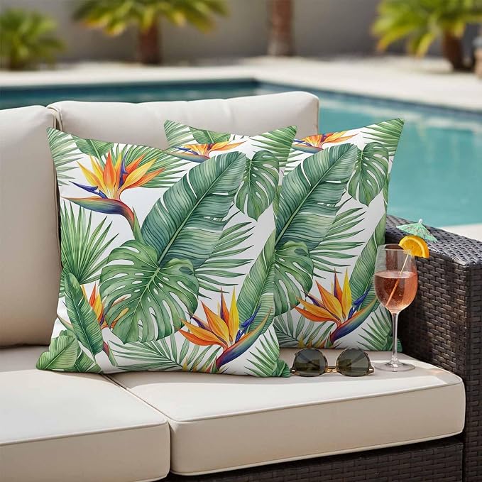 Tropical Plants Outdoor Pillow Covers 24x24 Inch Throw Pillow Covers Set of 2 Waterproof Decorative Pillow Cases Summer Palm Leaves Monstera Green Cushion Covers for Patio Furniture Garden Couch Sofa