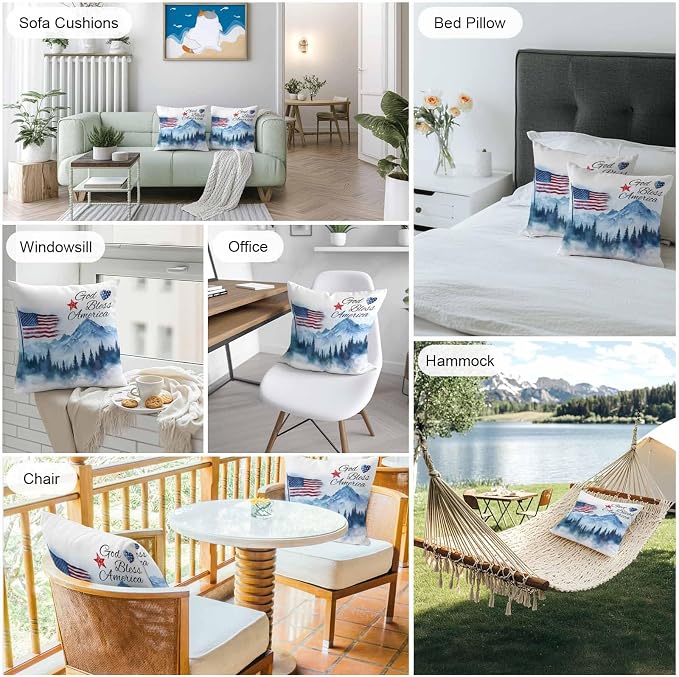4th of July American Flag Outdoor Pillow Covers 18x18 Inch Throw Pillow Covers Set of 2 Waterproof Decorative Pillow Cases Independence Day Forest Cushion Covers for Patio Furniture Garden Couch Sofa