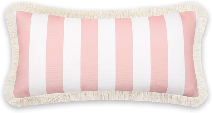 Hofdeco Premium Coastal Patio Indoor Outdoor Long Lumbar Pillow Cover Only, 12"x26" Water Repellent for Backyard, Couch, Blush Pink Stripes with Fringe